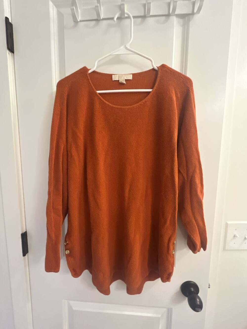 Michael Kors Rust Orange Waffle Knit Sweater with Side Button Details